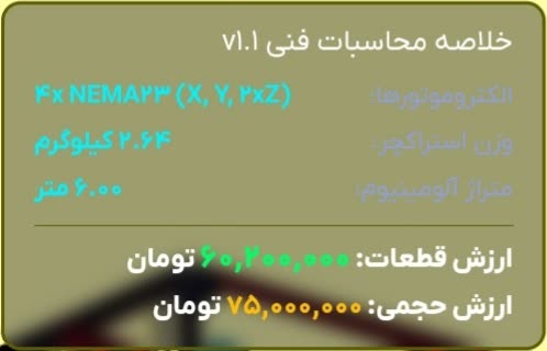 خلاصه محاسبات فنی کانفیگر پرینتر سهبعدی: الکتروموتورها، وزن استراکچر، متراژ آلومینیوم، ارزش قطعات و ارزش حجمی